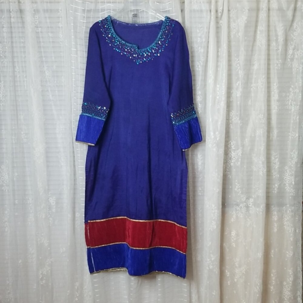 Vintage 70's Boho Hippy Sapphire Blue Beaded 3/4 Sleeve Tunic Dress SzM